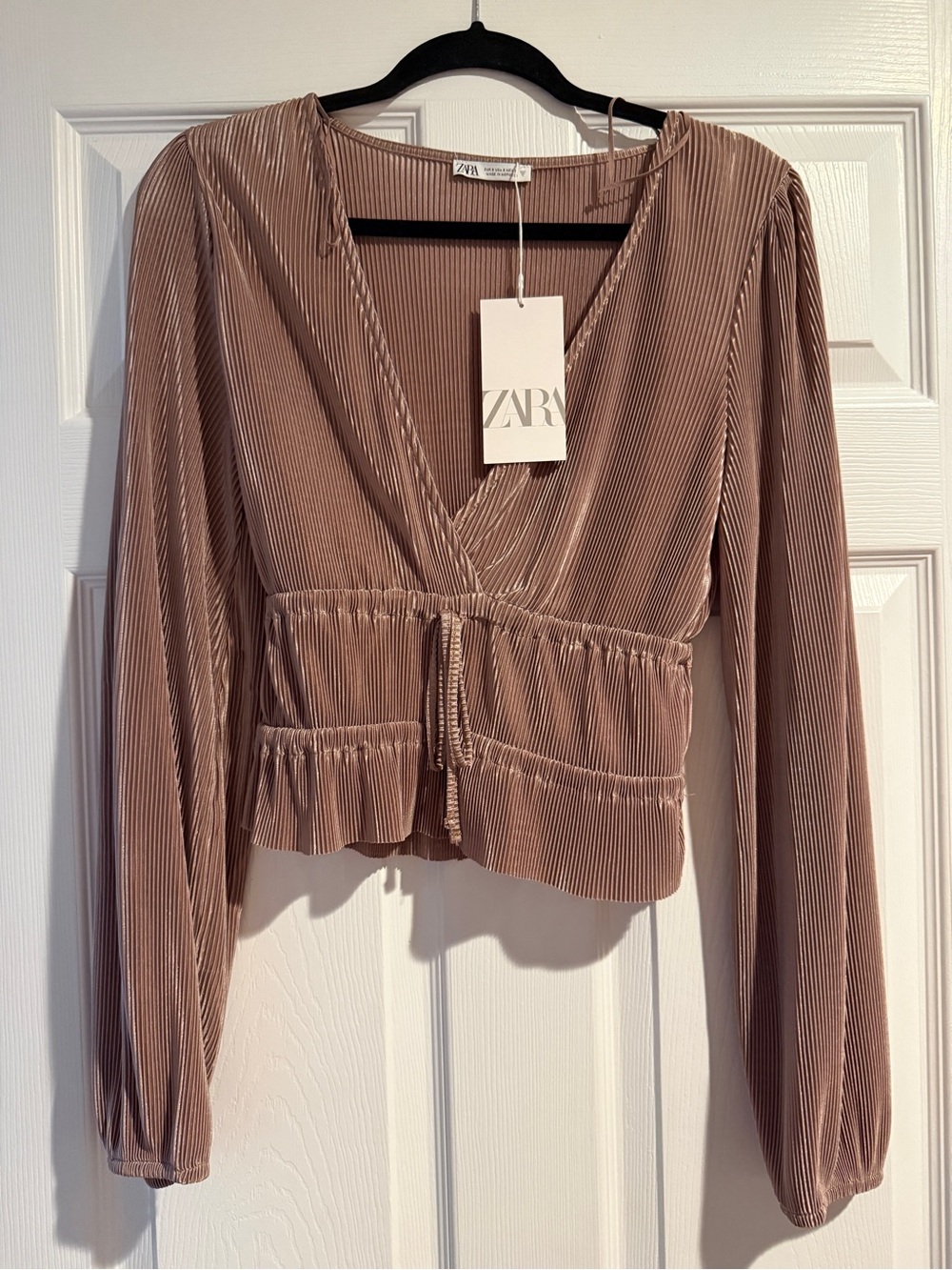 ZARA Dusty Mauve Pleated V-neck Tie-Front Blouse